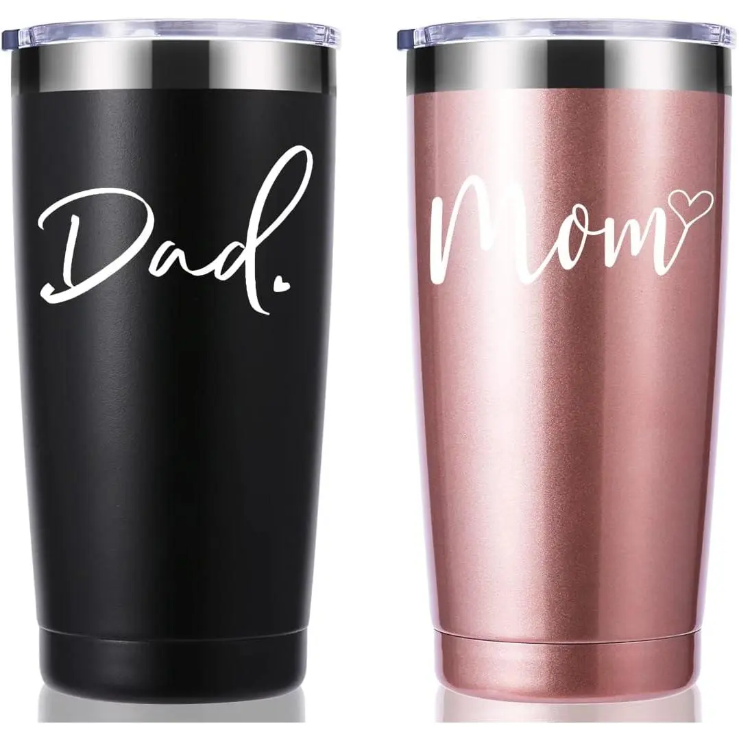 momocici 20 oz Stainless Steel Insulated Couple Tumbler with Lid, New Parents Gifts for Couples, Pregnancy Announcement & Anniversary Gift (Rose Gold&Black), Water Bottles
