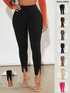 Solid Split Hem Leggings - Coffee Brown High Waist Cropped Knitted Bottoms with Pockets for Women All Seasons Casual Wear