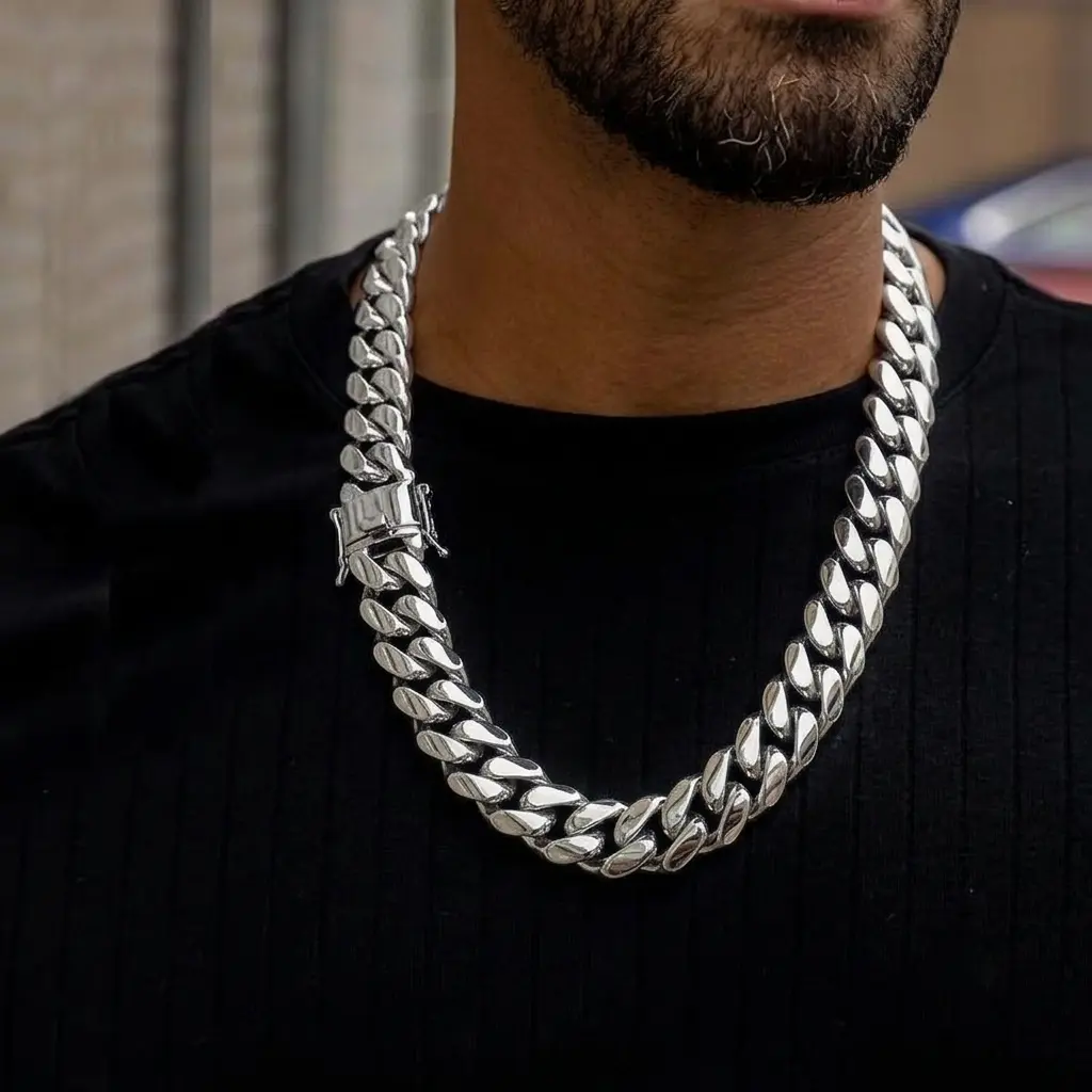 Men's Multi-Size Silver Stainless Steel Cuban Link Necklace - Hypoallergenic Chunky Cuban Link Design Chains, Stylish Everyday Fashion Jewelry with Artificial Gemstone Accents, for Party Wear, Chunky Necklaces