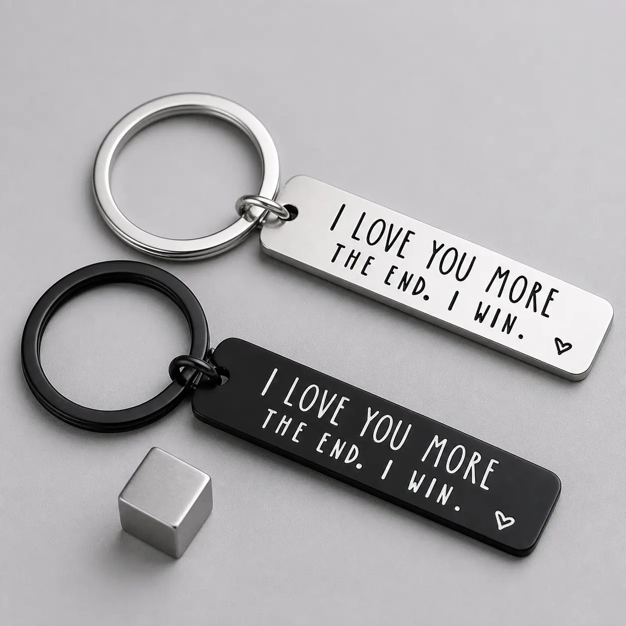 Engraved Slogan Bar Keychain – “I Love You More, The End. I Win.” Metal Key Ring in Silver or Black, Sentimental Gift