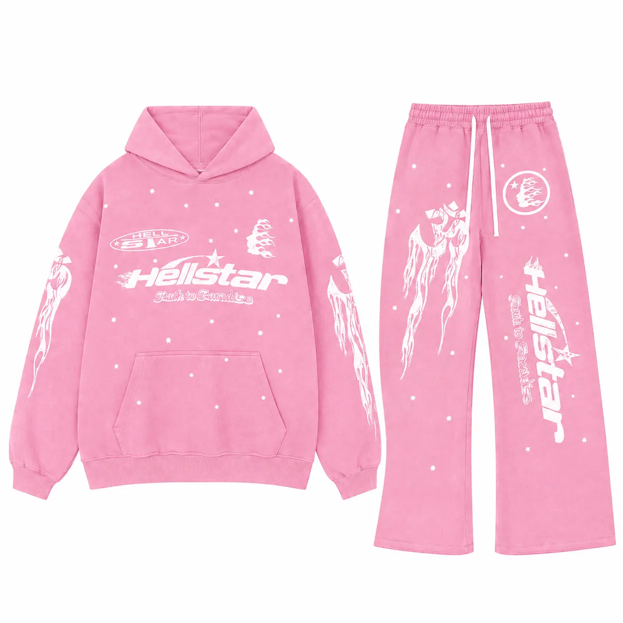 Hellstar Racer Tracksuit Vintage Pink Flame Graphic Hoodie Sweatpants Set Oversized Streetwear Jogger Set
