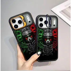 Mexican Aztec Mayan Calendar Dual Color Camera Bracket Stand Phone Case For iPhone 17 Pro Max 16 Plus 15 Pro 14 13 12 11 For Samsung Galaxy S26 S25 S24 S23 FE Ultra EDGE Phone Case, Mexico Flag Colors Shockproof Anti-Scratch Protective#YGSSLDJTZJTT1