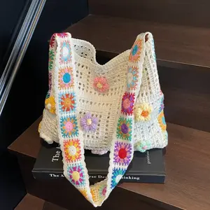 Women's Crochet Bag  Flowers Knitted Handbags Large Capacity Summer Beach Woven Shoulder Bag Girls Tote Shopper Bag