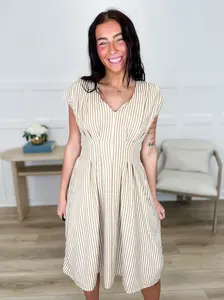 Here & There Avery Mae Dress - Cream Striped Midi with V-Neckline & Smocking Detail - Casual & Light - 100% Polyester - Functional Pockets - Perfect for Transient Seasons