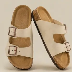 SHOESLOCKER Women's Double-Strap Buckle Cork Flat Sandals, Cloud Cushion Comfort Lightweight Summer Walking Shoes, Decor Accent Footwear for Daily Wear & Outdoor Adventures