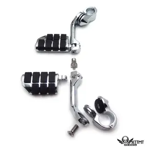 HTTMT-  Black/Chrome Adjustable Waffle Highway Footpegs With 1.25" Clamps Compatible Any Bikes Use 1.25" / 1-1/4" engine guard or frame tube Sportster Softail Electra Glide Road King