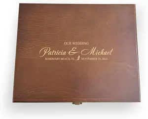 Wedding Memories Wooden Keepsake Box Gift for Couples Laser Engraved Personalized Walnut Colored Pine Wood Box with Secure Metal Hardware Classic Home Organizer Storage
