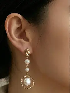 French Vintage Three-Strand Pearl Earrings, Soft Light Pearls with Handmade Copper Plated Silver Color, Elegant Face Shape Long Dangle