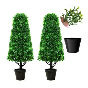 2 Pack Faux Boxwood Topiary Trees Cone Shaped Artificial Topiary Plants, UV Resistant Realistic Evergreen Faux Greenery, Indoor Outdoor Front Porch Entryway Garden Home Decor