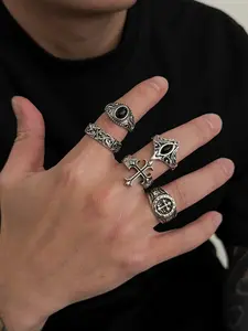 Vintage Silver Color Ring Set, Cross Skull Eight Ball Elements, Gothic Y2K Metal Carving Craft, Punk Style Daily Stackable Jewelry