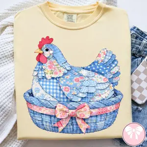 Trendy Easter Chicken Hen Patchwork Shirt, Floral Retro Valentine Shirt, Cottage Core Gingham Patchwork Shirt, Spring Patchwork Shirt