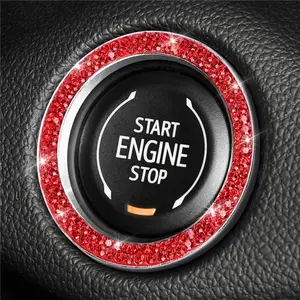 Red Push Start Button Bling Car Accessiries,Crystal Rhinestone Start Engine Car Bling Ring Emblem Sticker Interior Decoration,Push to Start Button Cover/Sticker,Key Ignition & Knob Ring,Red