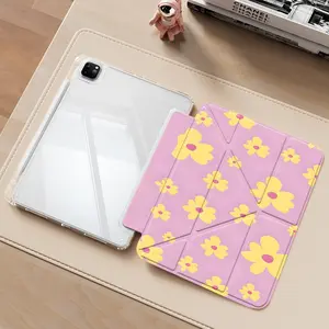 Retro Y2K Pastel Pink & Yellow Flower Tablet Case with Transparent Acrylic Y-Fold Stand,Anti-Drop Scratch-Resistant,Transparent Acrylic Back,Fits iPad 7.9/8.3/10.2/10.5/10.9/11/12.9 13 inch,Shock-resistant Full Cover Ideal for Office