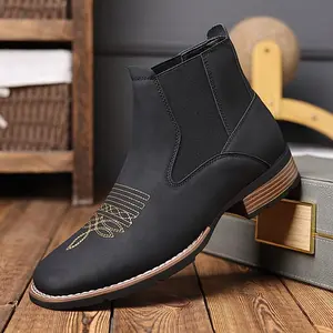 Men's Closed Bamboo Fiber Slip-On Hand-Embroidered Square Toe Walking Shoe, Casual British Style Footwear with Gold Stitching, Autumn-Winter Ankle Boot, Black or Brown Sports Boot,summervibes