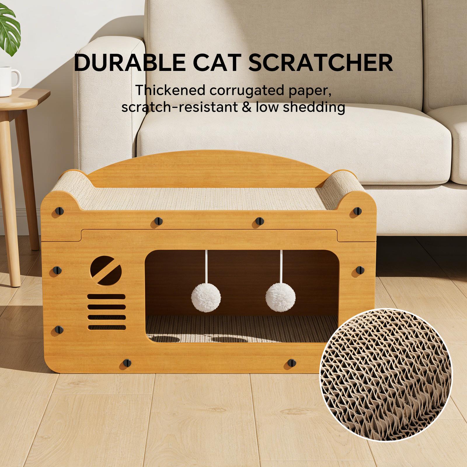 2-in-1 Solid Corrugated Paper Cat Furniture - Scratching House with Integrated Board & Bed, Enclosure for Litter Box/Cat Tree, Ideal for Resting