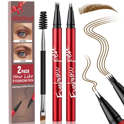 iMethod 2-Pack Pen-Shaped Eyebrow Pencils with Brush - Best Value Makeup Products Set, 4-Tip & 2-Tip Waterproof Micro Stroke Liquid Pens for All Skin Types, Smudge-Proof Natural Looking Eyebrow Products