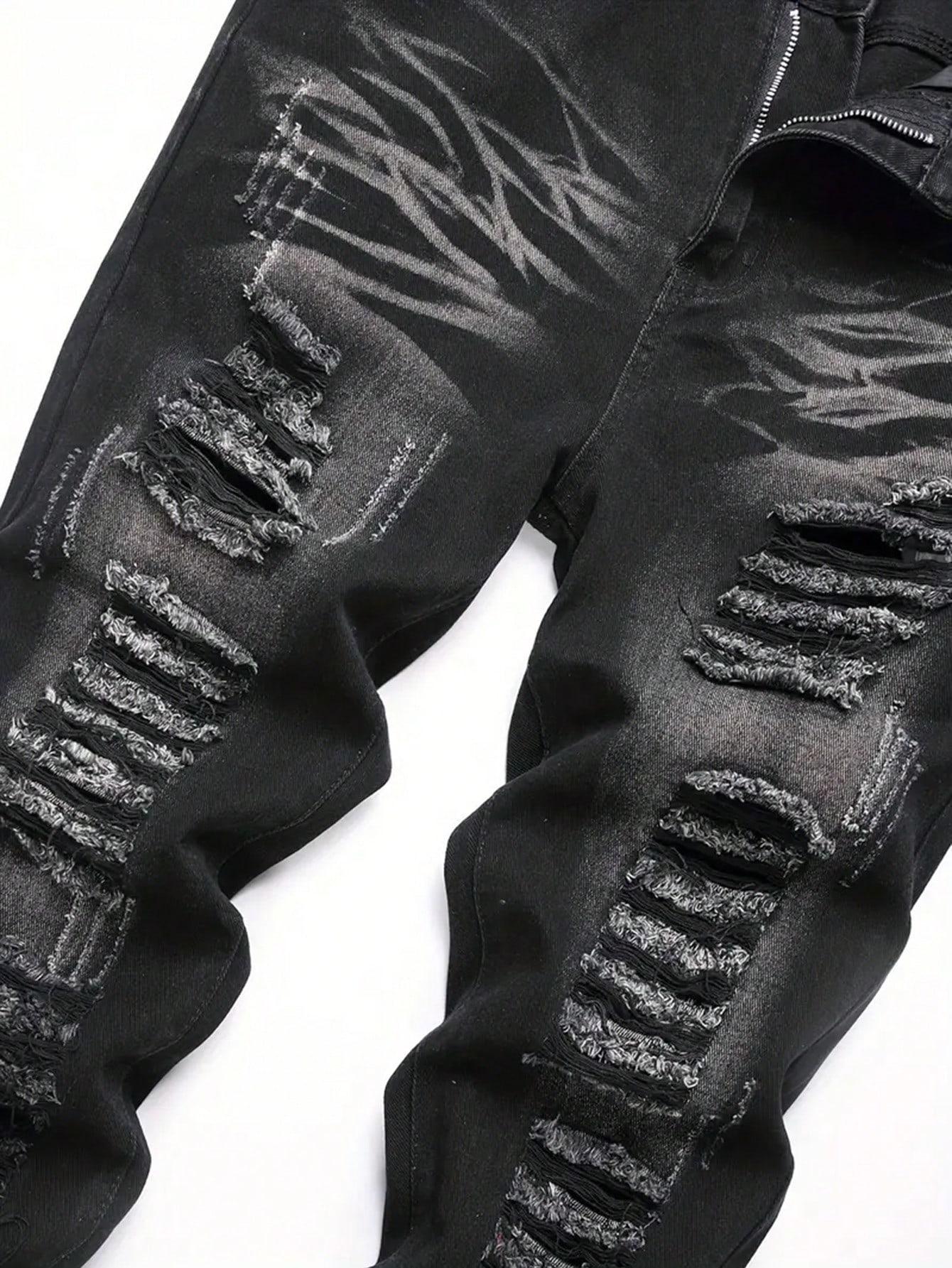 2 Pieces Men's Jeans Black & Camouflage Pattern Fashion Denim Pants Y2k Streetwear Ripped Casual Trouser Pocket Menswear