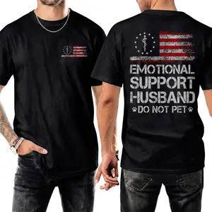Men's Cotton T-Shirt - Relaxed Fit, Breathable, Casual, 'EMOTIONAL SUPPORT HUSBAND' Flag Print, USA Vibe