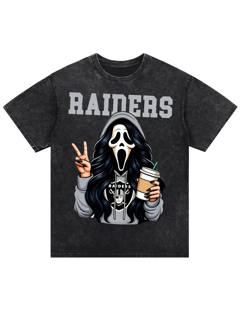 Black Raiders T-Shirt with Scream Ghost Holding Coffee and Peace Sign Graphic, Funny Halloween Horror Tee for Men and Women, Trendy Spooky Casual Streetwear Shirt for Fall Season, Costume Party & Everyday Wear