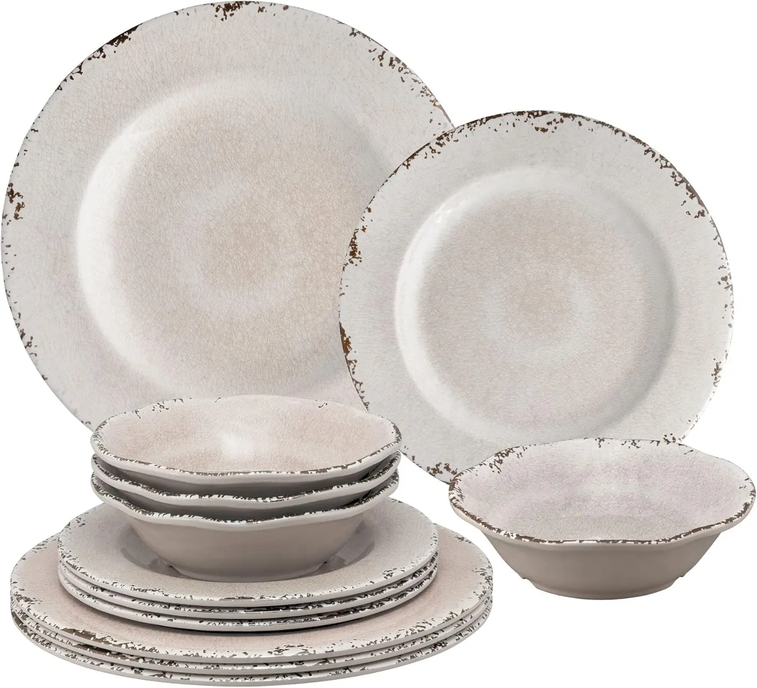 Supreme Housewares 12-Piece Melamine Dinnerware Set Crackle Cream Includes Dinner Plates Salad Plates Bowls Service for 4