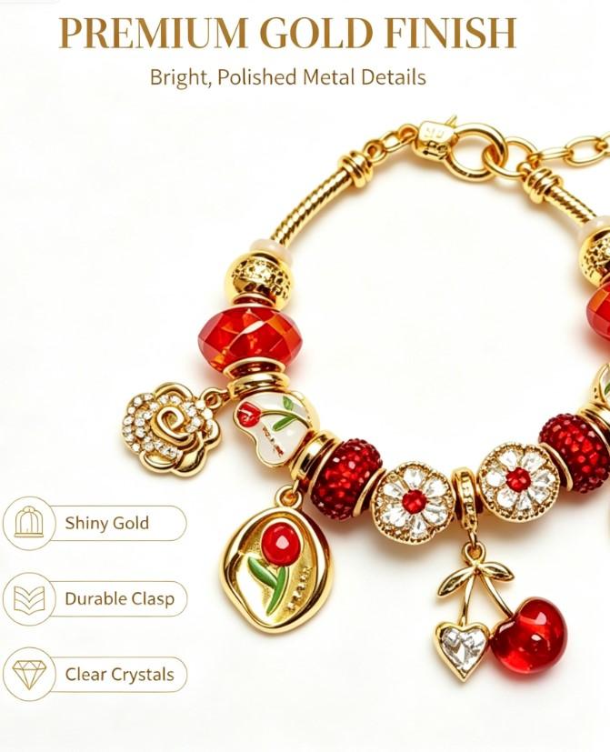 Sweet Red Cherry & Rose Charm Bracelet, Gold-Tone Snake Chain with Red Crystal Beads & Enamel Flowers, Adjustable Fashion Jewelry for Women