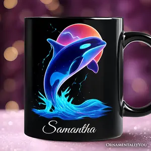 Orca Neon Synthwave Retro Personalized Mug, Vaporwave Sunset Ocean Gift with Custom Name