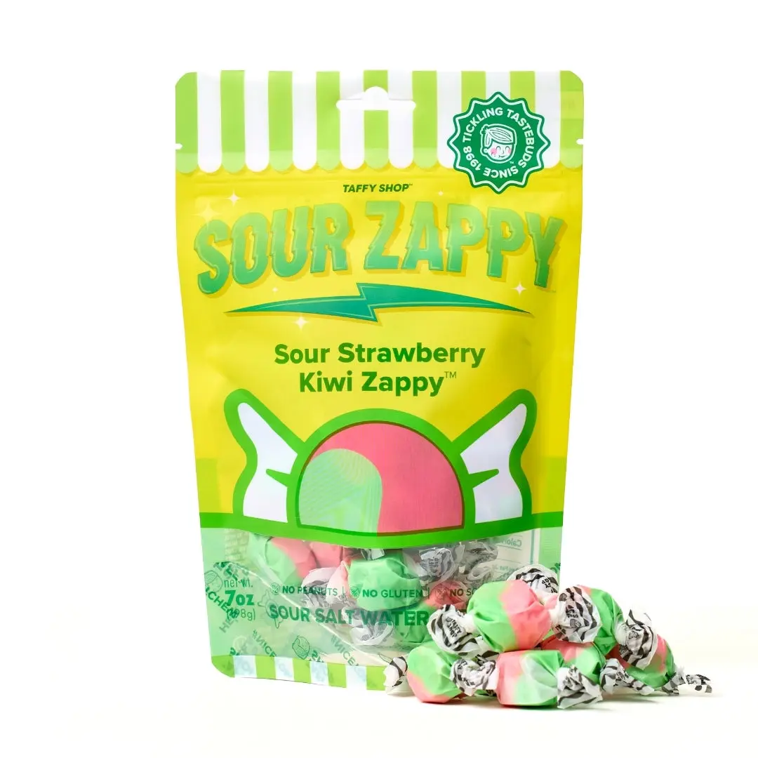 Taffy Shop, SOUR Strawberry Kiwi Zappy Salt Water Taffy - Gourmet Soft, Sweet & Tangy Candy