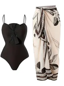 Two-PieceWomen's V Neck Blue Print Bow Strap Non-Adjustable  Swimsuit and Matching Cover Skirt Set Summer Swimdress Swimming White Bathing Suit Stylish Beachwear