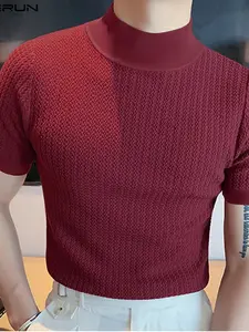 Men's High Neck Ripple Plain T-Shirt, Short Sleeve Slim Fit Business Casual Tee, Long Clothing, Plain Pattern, No Ca Prop 65