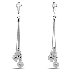 Silver Triple Beaded Chain Clip On Dangling Earrings