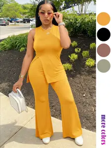 Women's Sleeveless Split Top & Wide Leg Pants Set, Fashion Casual Two-Piece Fit, Pure Color Summer Vacation Commute Wear