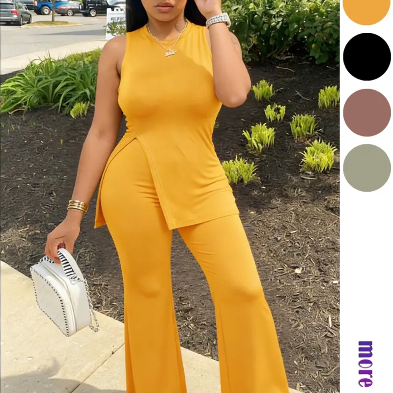 Women's 2026 Summer 2 Piece Outfits Basic Statement Style, Street Style, Sleeveless Asymmetrical Hem Mock Neck Top & Flared Wide Leg Pants Set, Knit Stretchy Flowy Casual Going Out Vacation Lounge Sets Suit Everyday for Women Womenswear Clothes