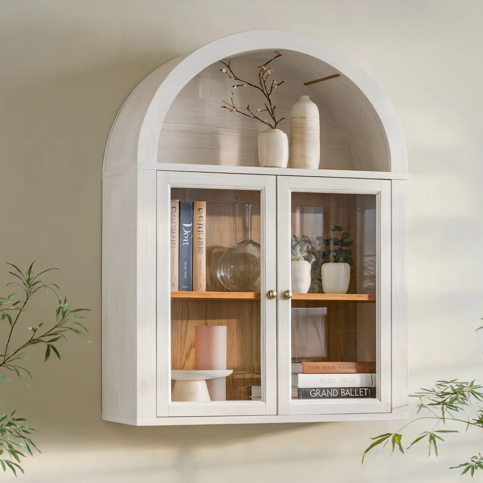 Modern Wood Arched Wall-Mounted Floating Storage Cabinet with Sliding Glass Door, Adjustable Shelves, Wooden Bathroom Cabinet for Living Room Organization