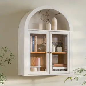 Modern Wood Arched Wall-Mounted Floating Storage Cabinet with Sliding Glass Door, Adjustable Shelves, Wooden Bathroom Cabinet for Living Room Organization