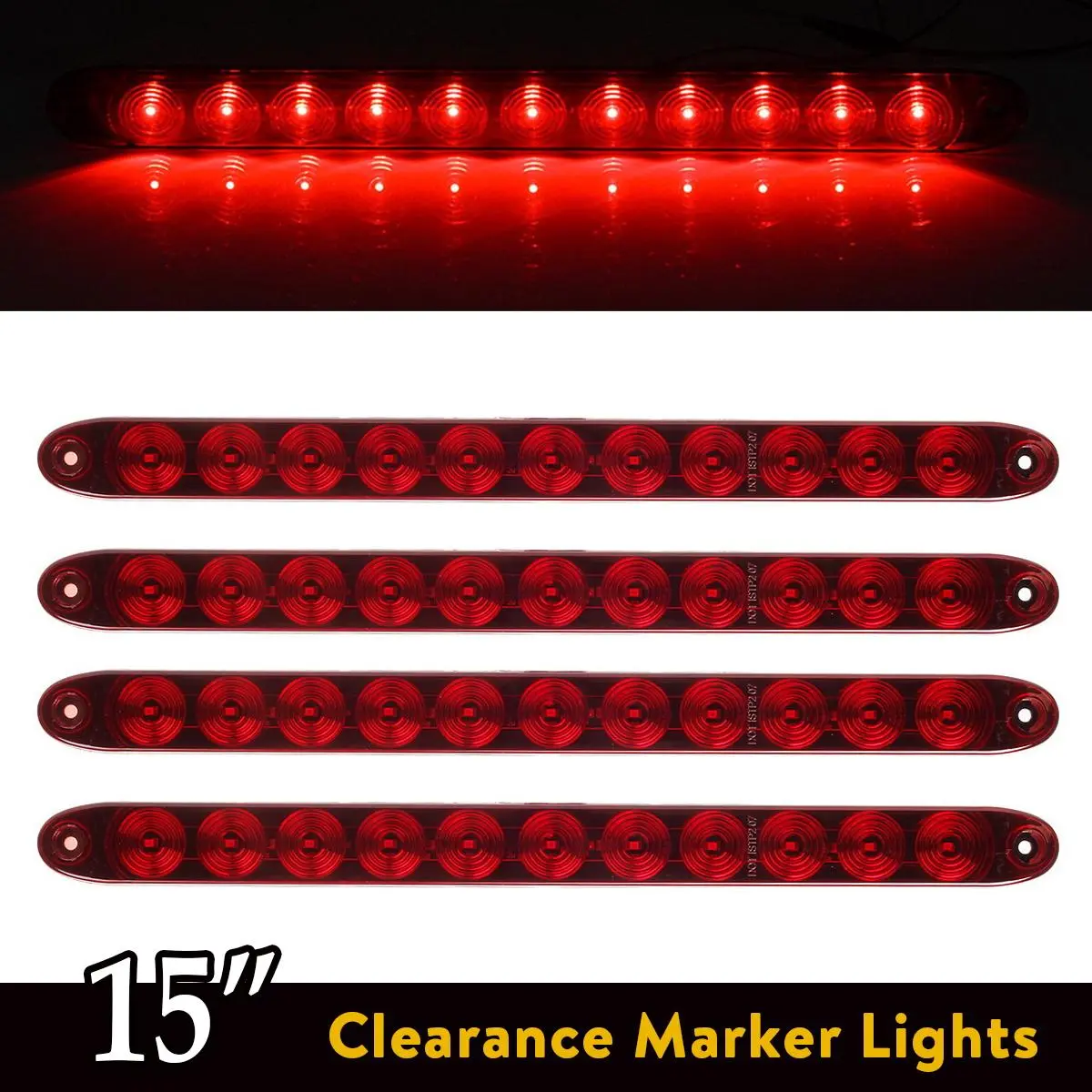 Partsam 4pcs Red 15" Inch Sealed 11 LED Third Brake Light Bar Stop Turn Signal Tail 3rd Brake Light ID Bar Truck Trailer RV Camper Waterproof DOT Compliant