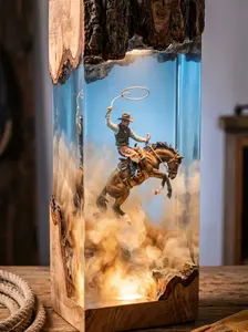 Cowboy Resin Lasso Horse, Western Rodeo Decor, Rustic Wood Epoxy, Barrel Racing Cowboy Gift
