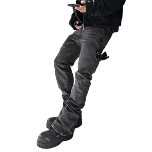Men's Washed Solid Color Elastic Patchwork High Street Korean Denim Jeans, Casual All Season Wear, Comfortable Fashion Design