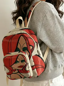 1 piece of 2D printed lady's backpack with red-haired character pattern, chenille texture + layered storage + lightweight and easy to carry|Perfect for students to go to class/shopping/short trips|Combines atmosphere with practicality