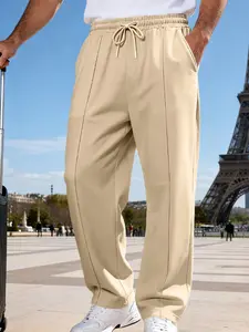 Men's Blue Denim Sportswear Long Pants, Side Stripe Elastic Waist Loose Fit, Wide Leg Striped Gym Pants, Casual Trendy Essential, Wide Sweatpants