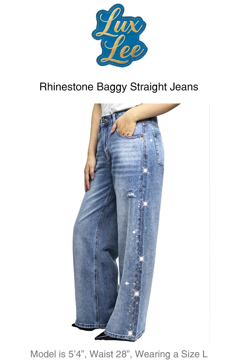 Lux Lee Spring Rhinestone Baggy Straight Jeans - High-Waisted, Slimming & All-Match, Distressed & Washed Denim, Sparkling Side Rhinestones, Loose Fit, Casual Streetwear, All-Match Trendy Y2K Pants for Women