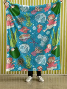Studio Ghibli Ponyo Fleece Blanket | Kawaii Under the Sea Anime Throw | Ponyo Loves Ramen Pattern | Ultra Soft Cozy Room Decor Fan Gift Idea