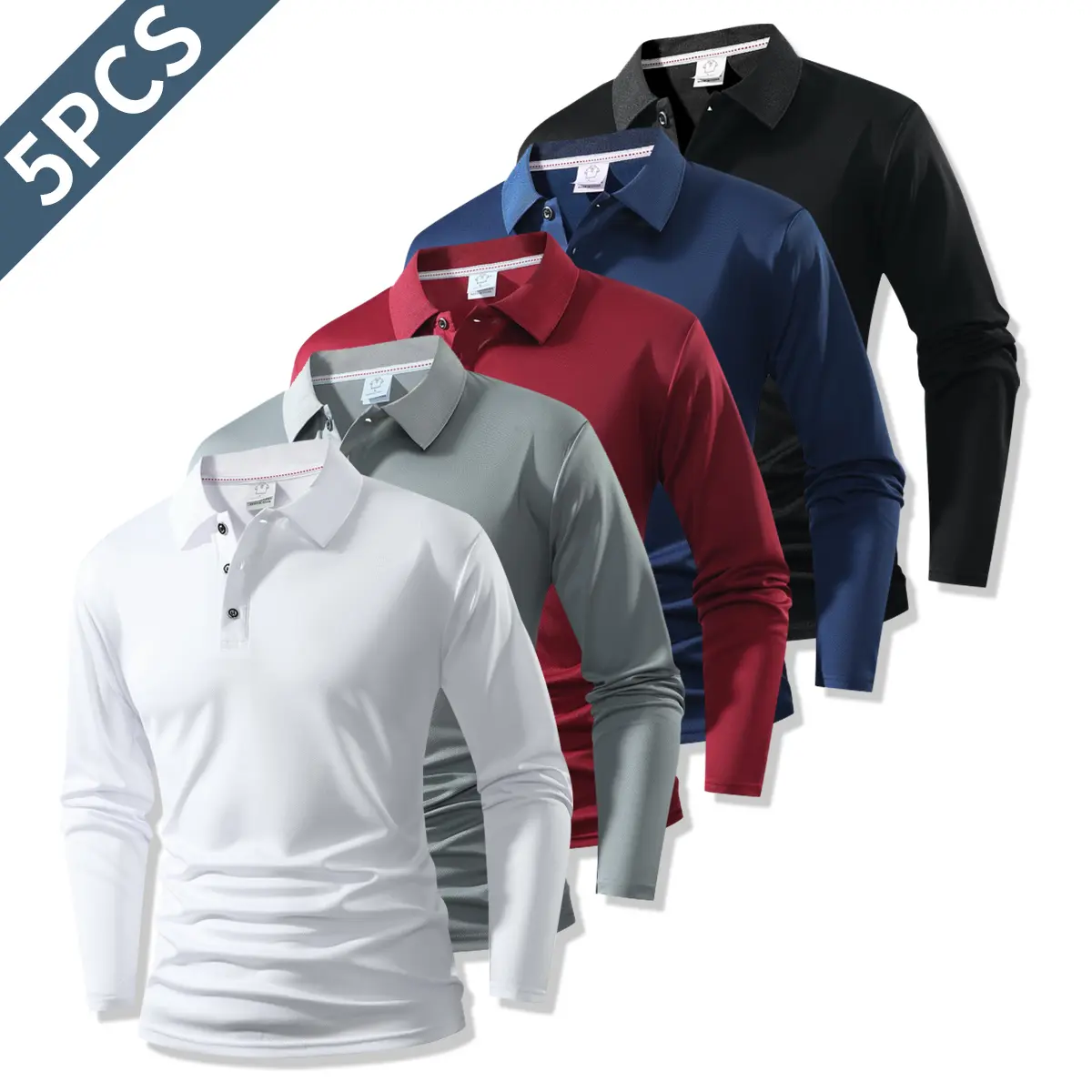 5-Piece Men's Long Sleeve Polo Shirt - Various styles and colors, 100% polyester fiber, elastic and breathable as a whole, suitable for daily use