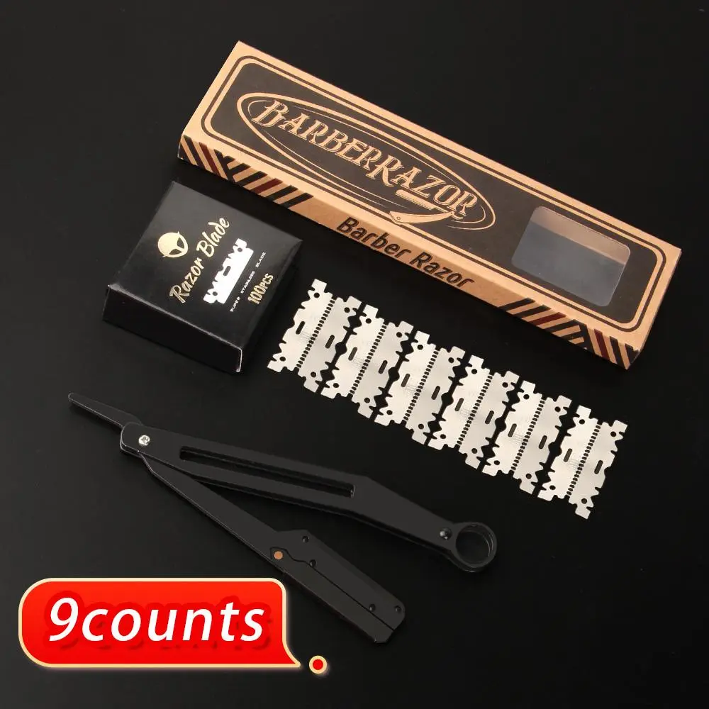 Hair Razor Set, 9 Counts/set Professional Hair Razor with Blade & Protective Net & Box, Durable Men's Facial Hair Shaving Tool