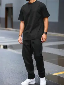 2026 New Men's Set, Christmas Gift, Friday, Summer, Waffle Pattern, Muscle Texture, Button-Up, Drawstring Pants, Running Set, Elastic Pants, Casual Pants, Fashion Men's Clothing