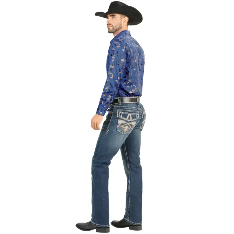 MONTERO Cowboy Denim Jeans MT4642 Medium Blue for Men – Embroidered Pocket Details – Classic Button Closure – Western Casual Fit