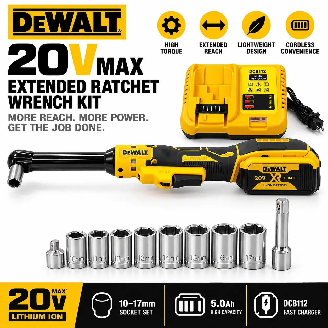 DEWALT 20V Cordless Ratchet Wrench Full Kit, Extended Reach Electric Ratchet, Heavy Duty Metal Drive, Compact High Torque Power Tool with Socket Set, for Auto Repair & Mechanics
