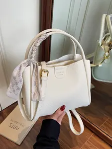 Versatile Solid Color Casual Handbag, Fashionable Simple Bucket Bag with Compartments, Large Capacity, Shoulder Crossbody Bag, Includes Scarf Decor, Versatile Shoulder Bags