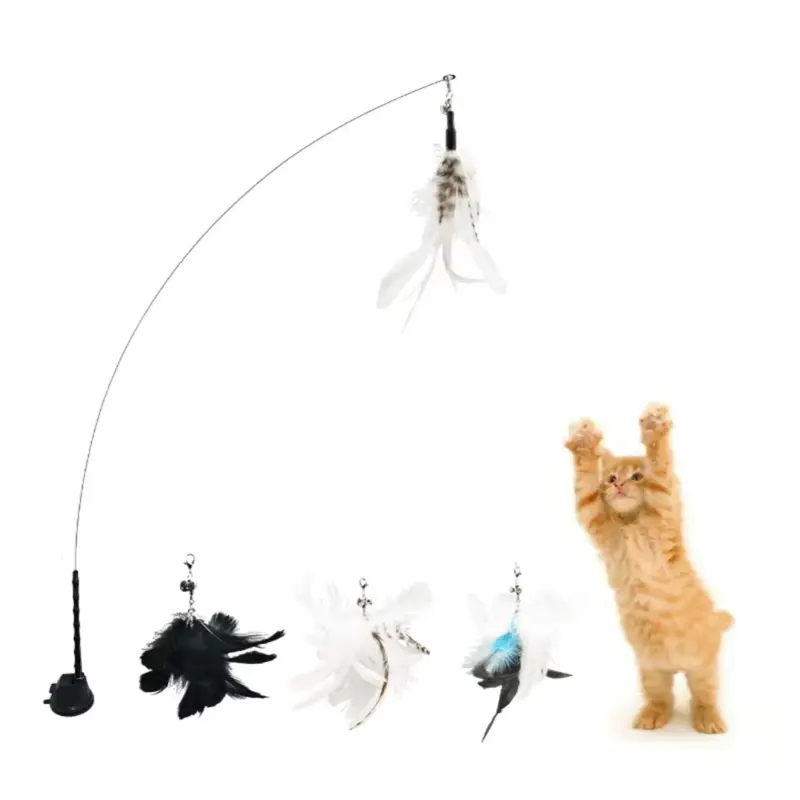 Interactive Feather Cat Wand Toy with Suction Cup Base, Flexible Teaser Stick with Bell, Replaceable Feather for Indoor Cats & Kittens