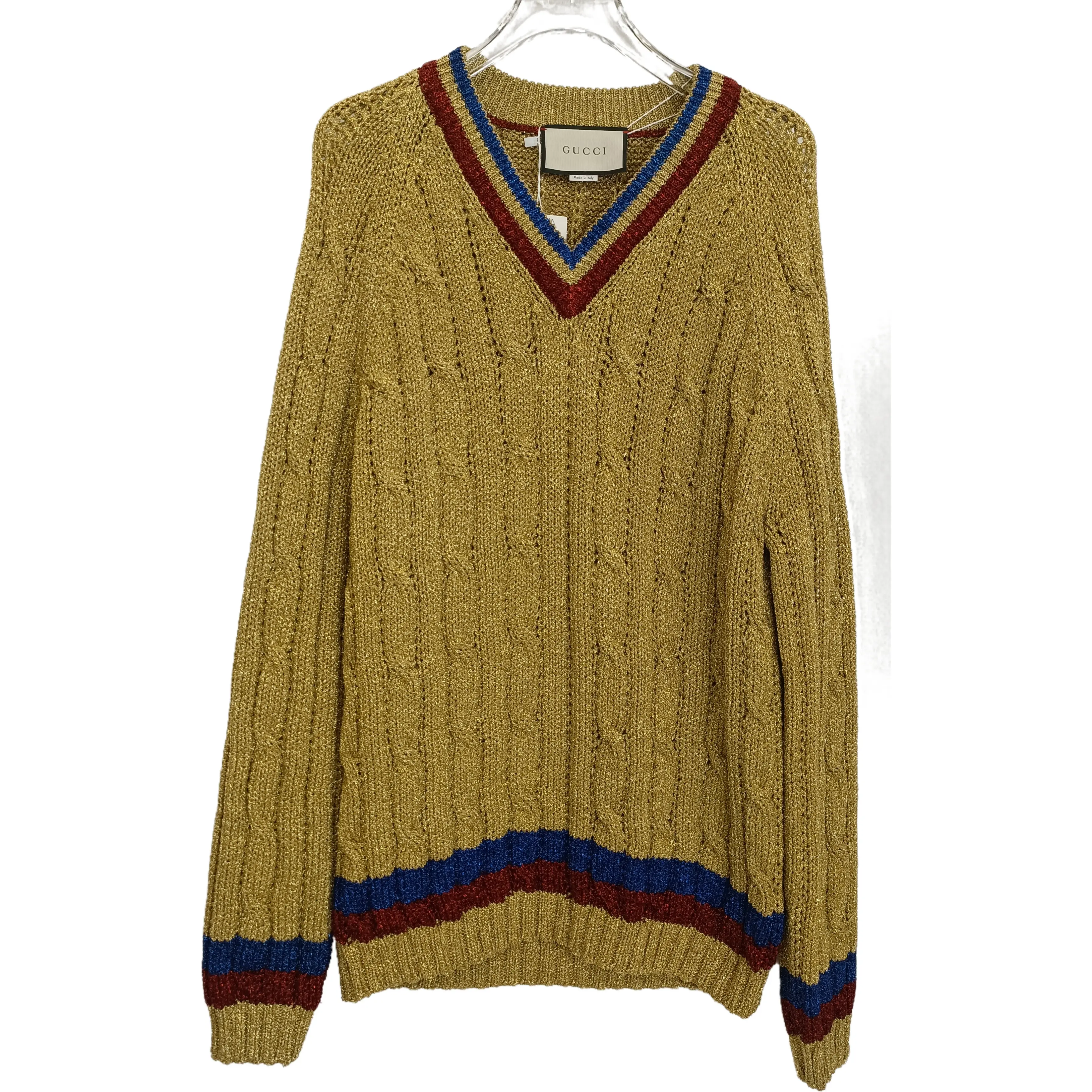 RDLT— Gucci Brown Striped Metallic V-Neck Knit Sweater Size M