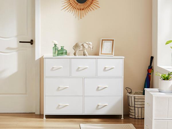 Drawer Dresser Organizer Storage Drawers Fabric Storage Tower with 7 Drawers, Chest of Drawers with Fabric Bins, Steel Frame, Wood Top